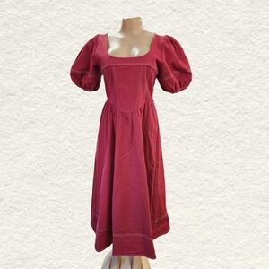 Moon River Puff Sleeve Midi Dress in Deep Red